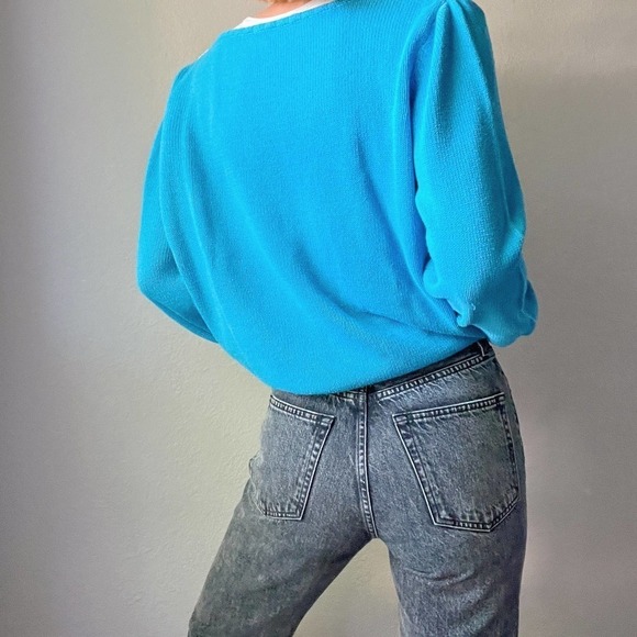 Vintage Blue Turquoise Color Block Knit Crewneck Sweater - Picture 4 of 7